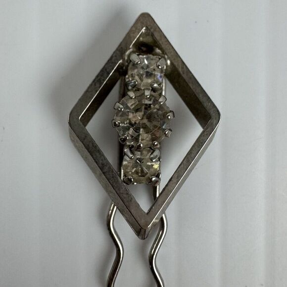 Vintage Hair Pin Diamond Shape Silver Tone Rhinestones Bobby Pin Wedding - Picture 2 of 7